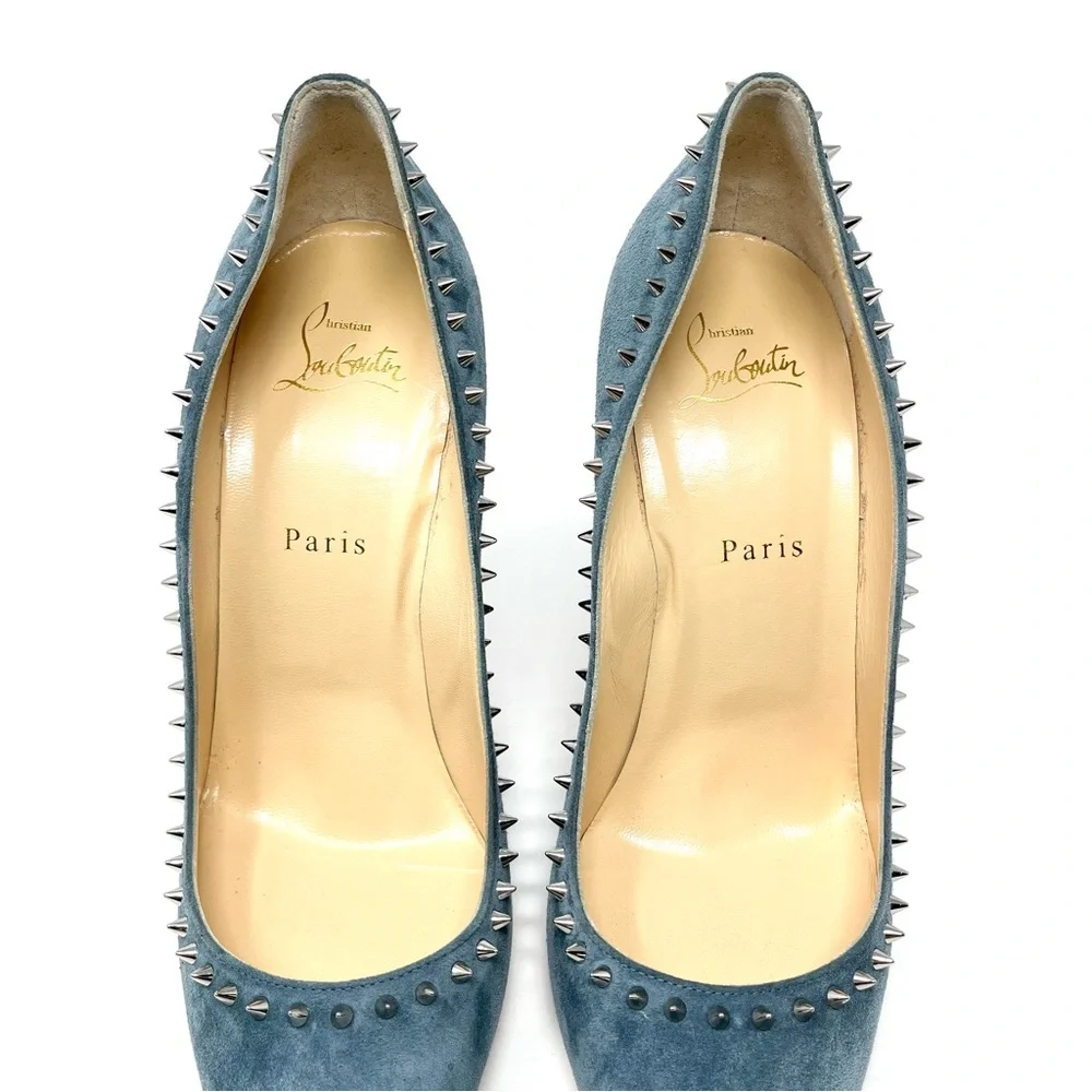 Christian Louboutin Blue Suede Anjalina Spike Studded High Heels Pumps 39.5 9.5